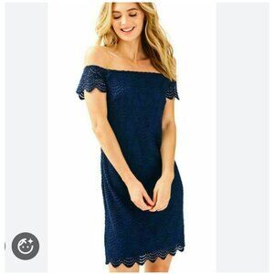 Lilly Pulitzer Jade Dress Womens XS Navy Blue Lace Scallop Hem Shift Lined Party